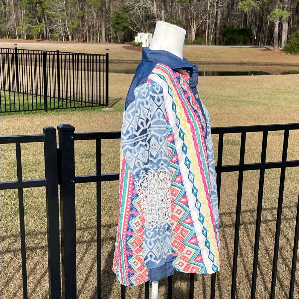 John Mark Multicolor Patterned Button-Up Top Embr… - image 5